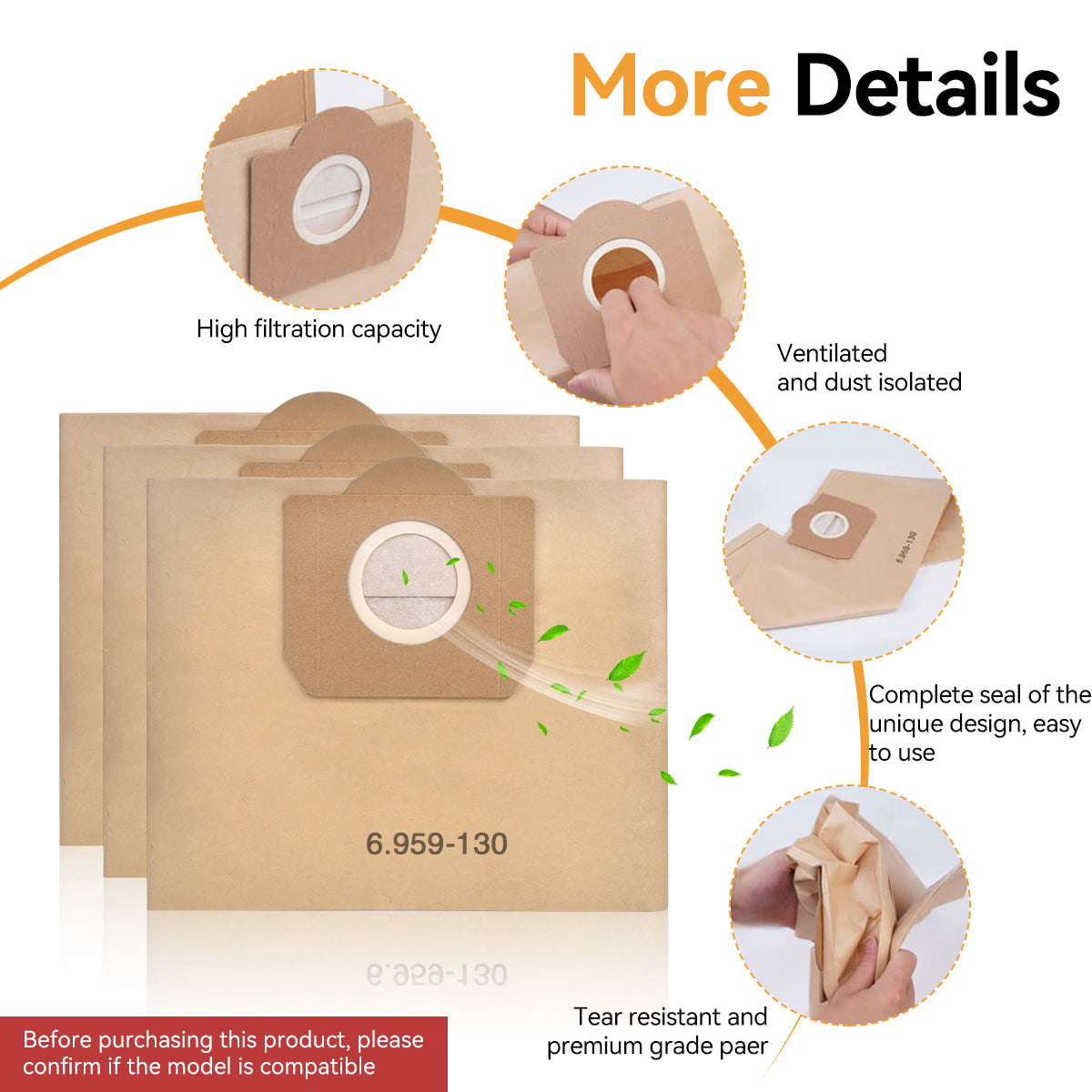 Verilux 6Pcs Vacuum Cleaner Dust Bags for Karcher Vacuum Cleaner WD3/MV3 Dry Use Replacement 6.959-130 Paper Filter Bags for Karcher WD3/MV3