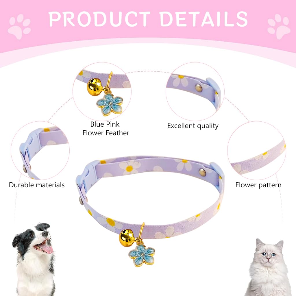 Qpets Cat Collar with Bell Cotton Cat Collar with Sakura Flower Charm Quick Release Buckle Design 18-32cm Adjustable Cat Collat Cute Purple Floral Print Cat Collar