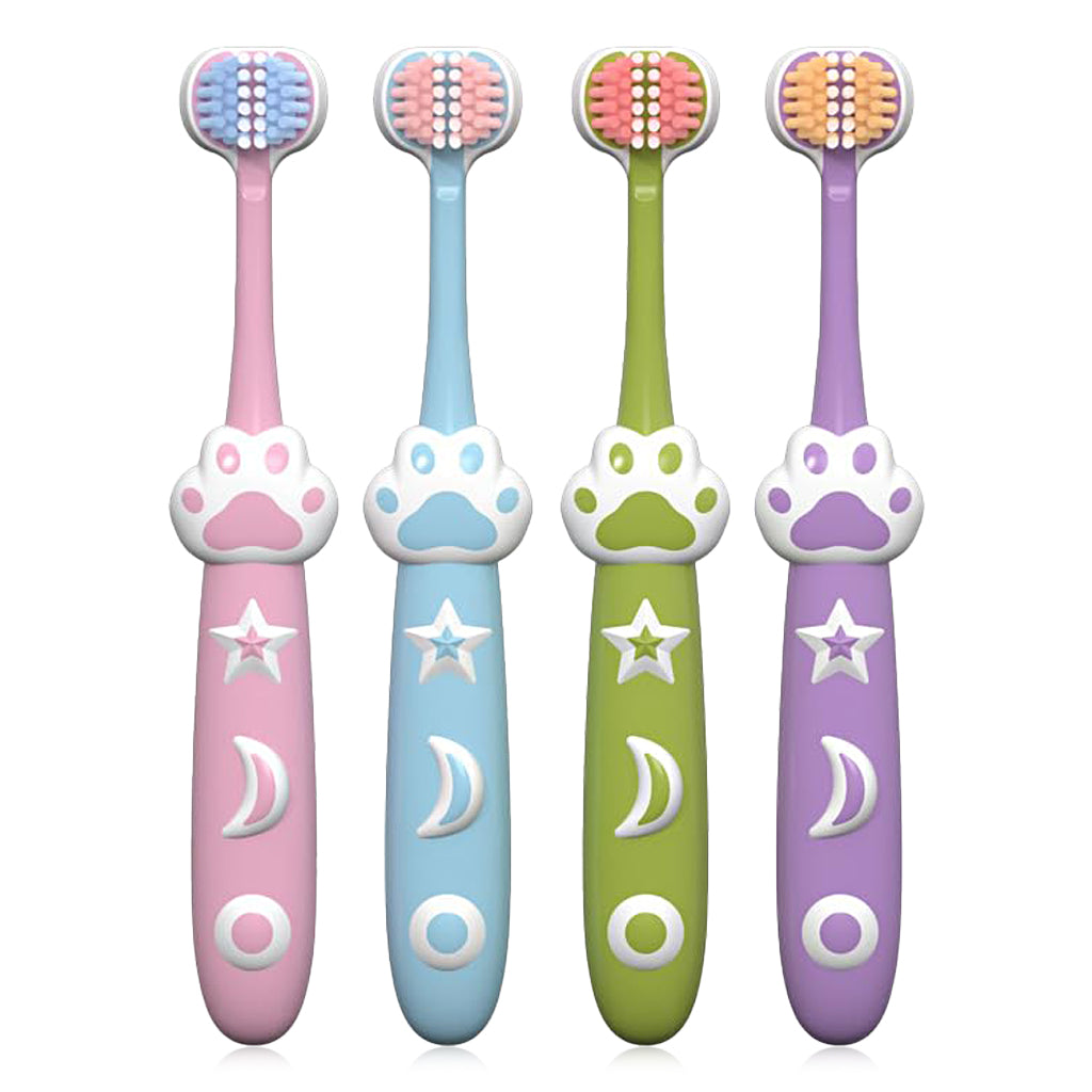 HANNEA 4Pcs Kids Toothbrush Triple-sided Toothbrushes for Age 3+ Ultra Soft Bristle Toothbrush Designed for Deciduous Teeth Lovely Cartoon Cat Palm Handle Child Toddlers Toothbrush