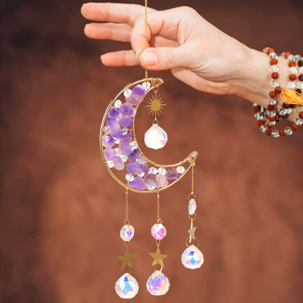 HASTHIP Sparkling Crystal Moon Charm for Home Decor 16.2 inches Decorative Purple Crystal Acrylic Crescent Hanging Charm Auspicious Home Gift Wall Hangings Car Charm