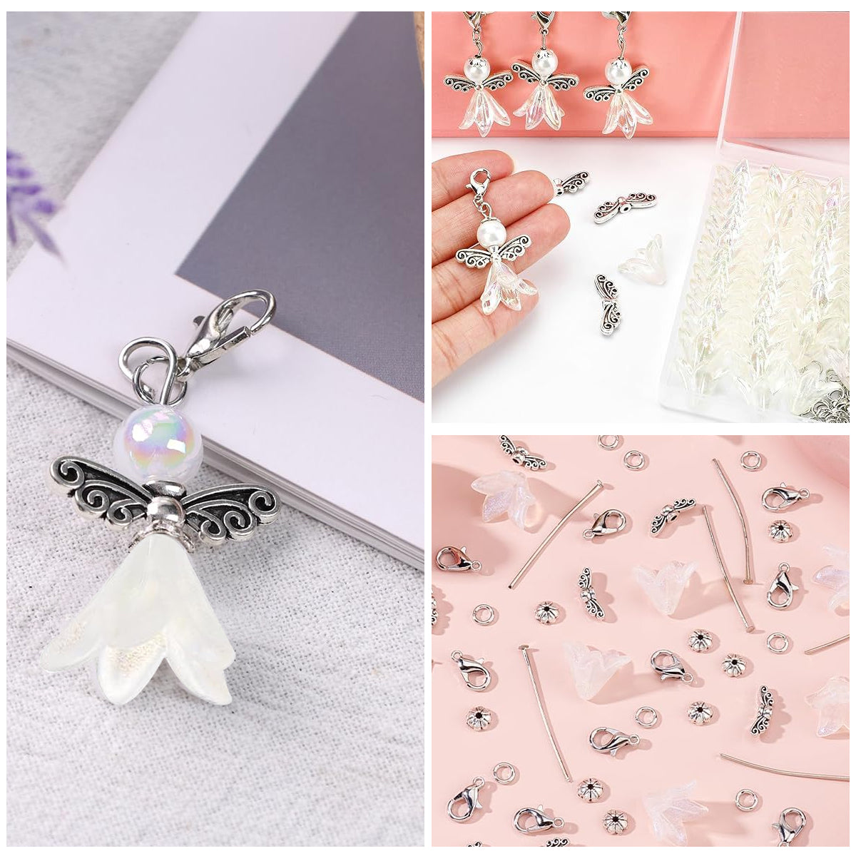 HASTHIP Set of 50Pcs Matched DIY Wings of Angle Charm Kit White Lily Flower Pearl Pearl Wings of Angle Charms Bag Charms Keychain Charms Gift Charms DIY Token Gift Components Accessories