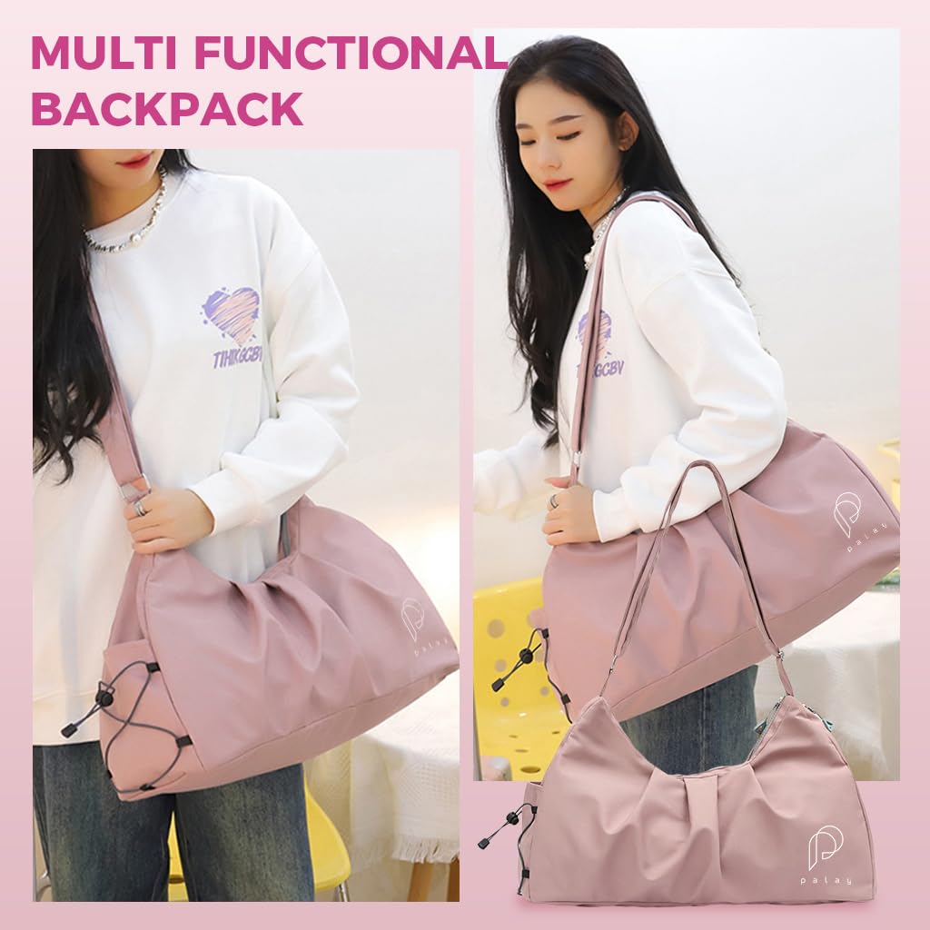 PALAY Women Gym Bag Fashion Nylon Gym Bag with Shoe Compartment Duffle Bag Travel Shoulder Bag Multifunctional Gym Bag Waterproof Day Pack Shoulder Bag Gym Bag with Adjustable Shoulder Strap, Pink