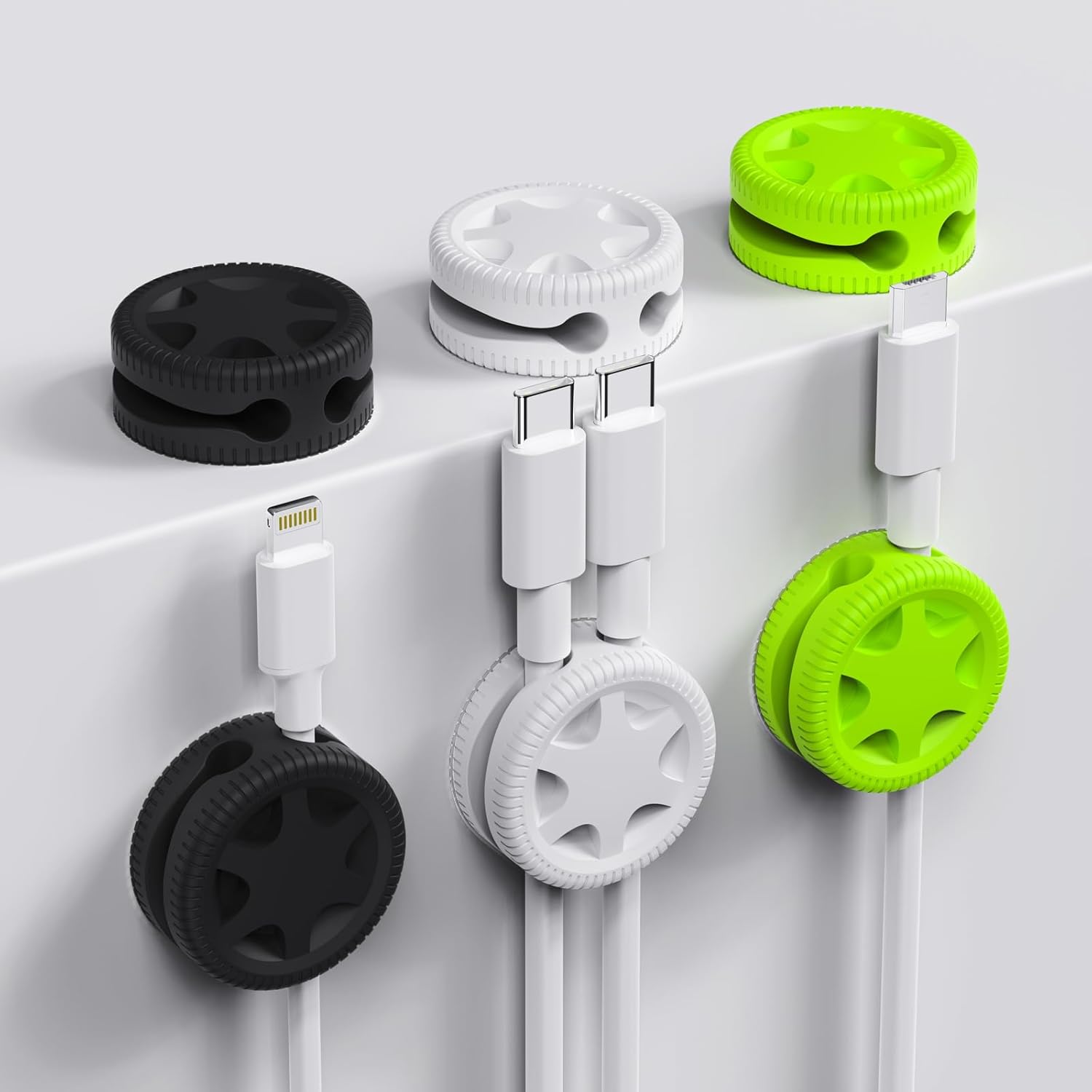 Serplex 6Pcs Silicone Cable Organizer Dual Solt Multi Cable Holder Self-Adhesive Backing Cable Organzier Protectors Fashion Car Wheel Design Desk Cable Clips for Home, Kitchen, Office, Car, Wall