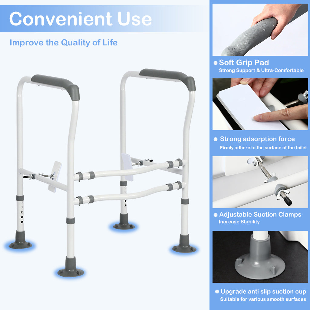 HANNEA Toilet Safety Rail Robust Carboon Steel Bathroom Safety Rail No Drill Suction Cup Toilet Safety Frame for Elderly Adjustable Height & Width Design Bathroom Safety Support for Elderly