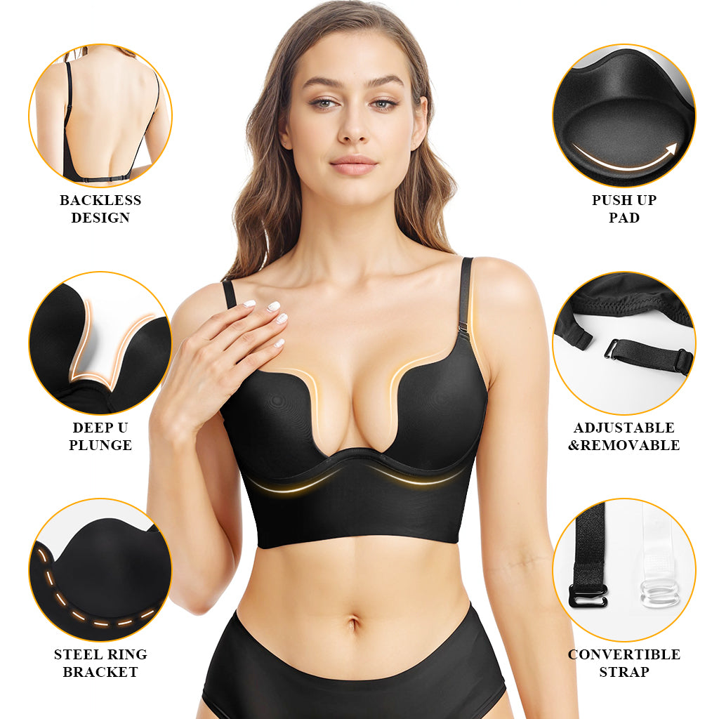 SANNIDHI Low Back Bras for Women, Plunge U Neckline Backless Bra Push Up Deep V Padded Low Cut Bras Open Back Multiway Halter Bras for Support,  38/85AB