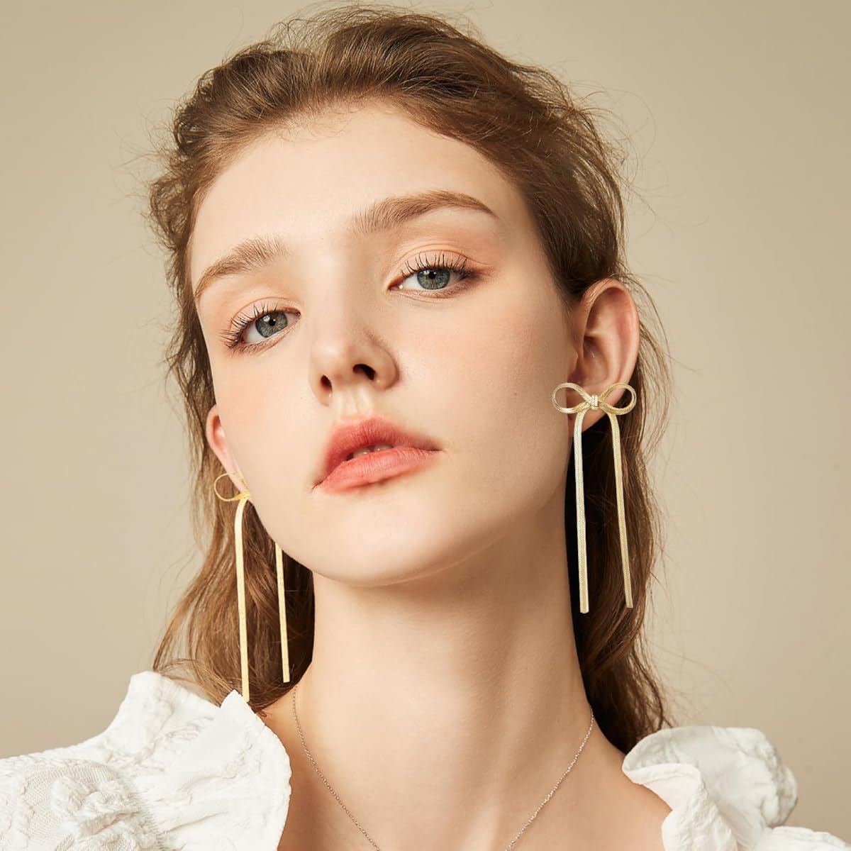 SANNIDHI Bow Earrings for Women Fashion 4'' Bow Drop Studs Earrings for Women Gold Soft Steel Dangle Earrings Long Tassel Chain Earrings Wedding Statement Gifts for Women - 1 Pairs
