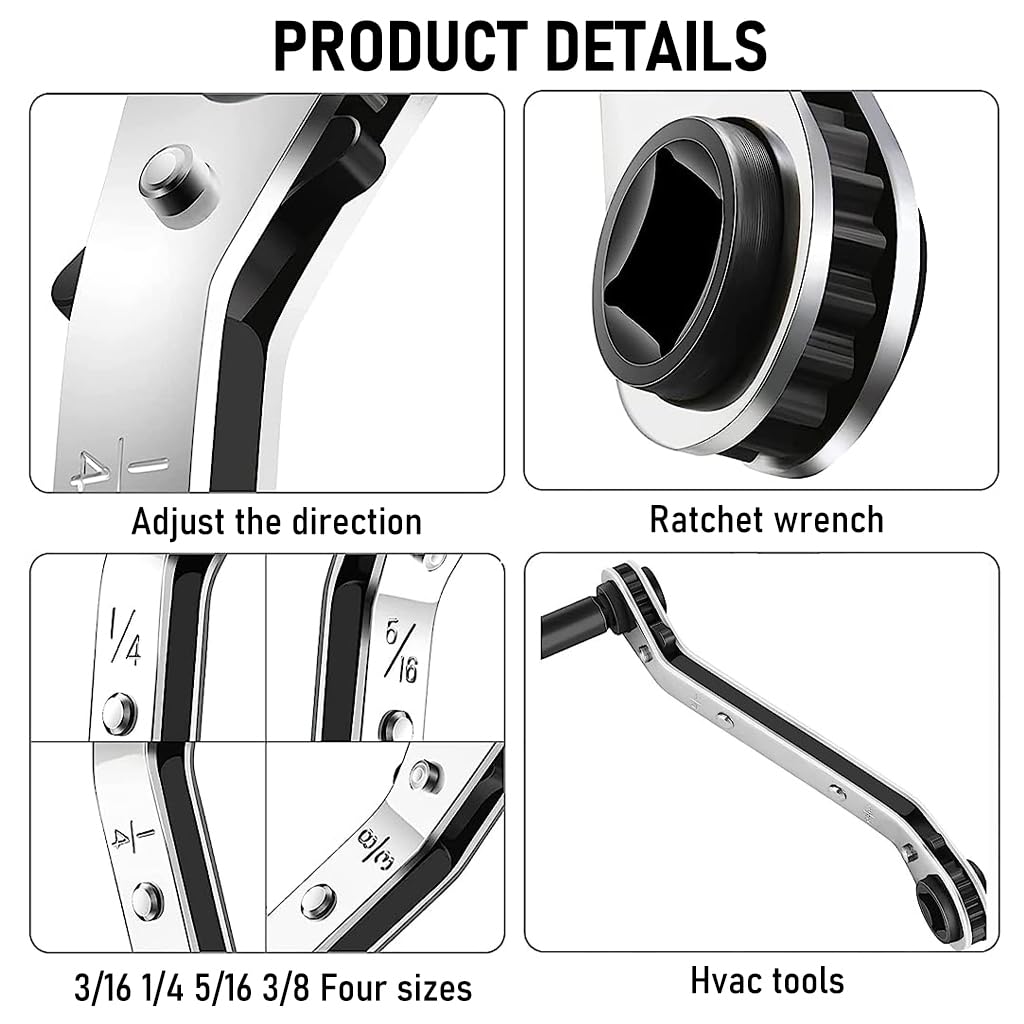 Serplex Hvac Service Wrench Tool, 3/16'' to 3/8'' 5/16'' x 1/4'' Air Conditioner Valve Ratchet Wrench with 2 Hexagon Bit Adapter Kit Refrigeration Service Wrench Set Car Repair Tool Wrench Tool