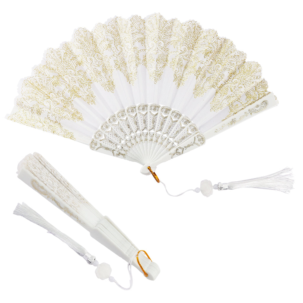 HASTHIP Hand Fan Elegant White Fabric Hand Fan Traditional Chinese Fan with Tassel Charm Summer Fan Handheld Cooling Fan Travel Hand Fan Gift for Girls Women, 9 inches