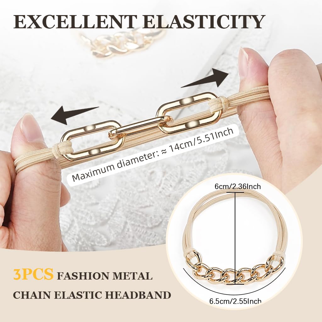 PALAY 3Pcs Girls Hair Elastics Fashion Hair Ties Golden Metal Chain Charm Hair Ties Hair Bands Ponytail Elastics Fashion Hair Ties Wristbands Gift for Girls Friendship Hair Ties