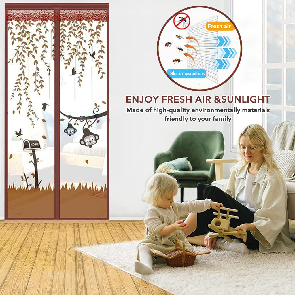 HASTHIP Screen Door Mesh 39.37x 82.68 Inches Fashion Cartoon Mesh Screen Door Mosquito Proof Self Sealing Door Room Partition Screen Removable Hook and Loop Mesh Screen Door