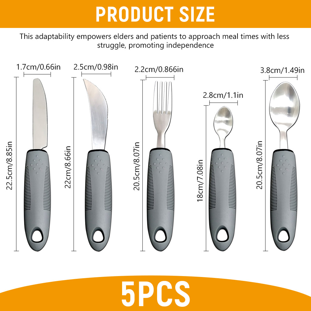 HASTHIP Set of 5 PCS Adaptable Cutleries Bendable Stainless Steel Fork Spoon Soup Spoon Table Cutter Anti-slip Handle Design with Elastic Strap Cutleries Set for Patients