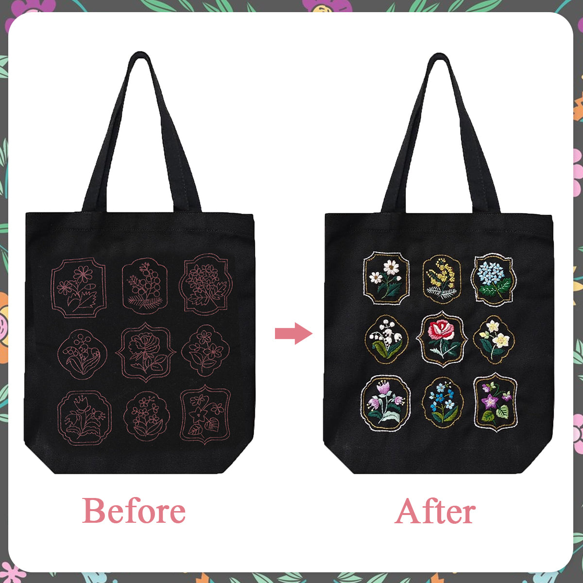 PATPAT DIY Embroidery Canvas Tote Floral Embroidery Canvas Shoulder Bag Embroidery Artcraft Material Pack with 35x33cm Canvas Bag & Color Yarns, Needles, Hoop and Tools DIY Embroidery Book Bag