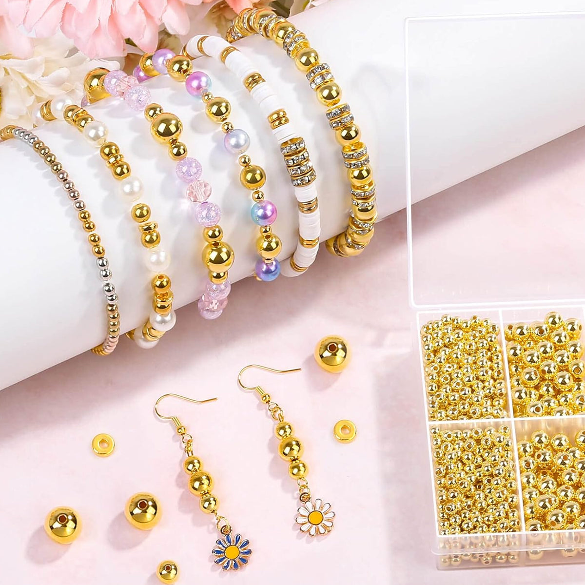 SANNIDHI 1000Pcs Golden Beads for Bracelet Making, Round Spacer Beads for Jewelry Making, 4/6/8/10mm Smooth Beads Spacer Rings, Resin Loose Ball Beads Kit for DIY Craft