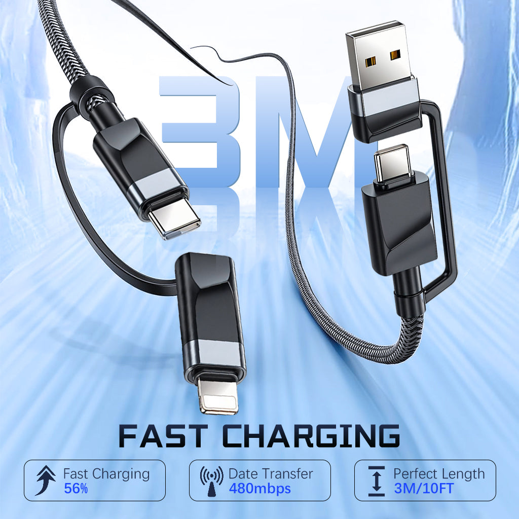 Verilux 4 in 1 Type C Cable 10Ft/3M, PD 65W C Type Cable Fast Charging Cable & 480Mbps Data, Type C/USB/Light-ning Port for iPhone 16/16 Plus/16 Pro/16 Pro Max/15, Galaxy S24/S23, MacBook, iPad