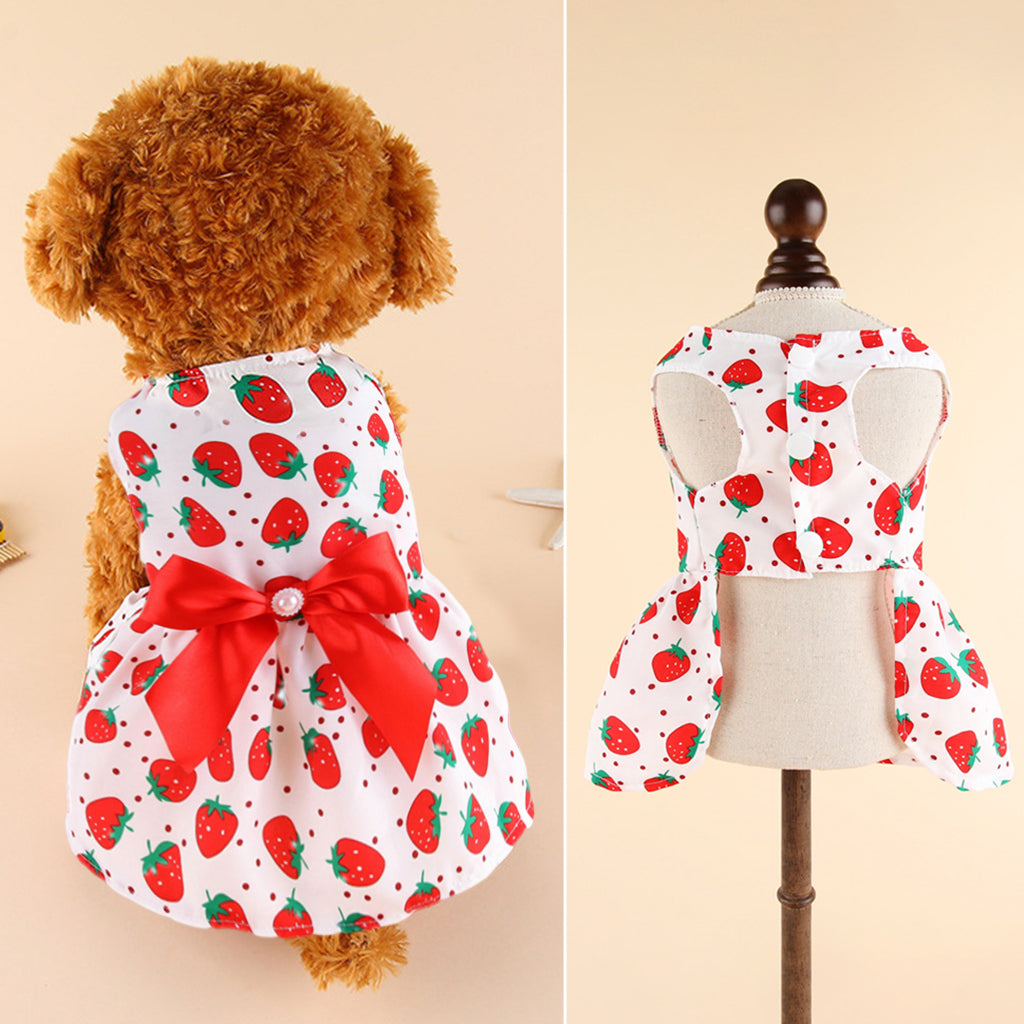 Qpets Summer Female Dog Dress for Small Dogs Kitten Clothing Cute Strawberry Bow Print Princess Dress for Puppies, Kittens, Chihuahua, Maltese, Pug, Papillon, Size S