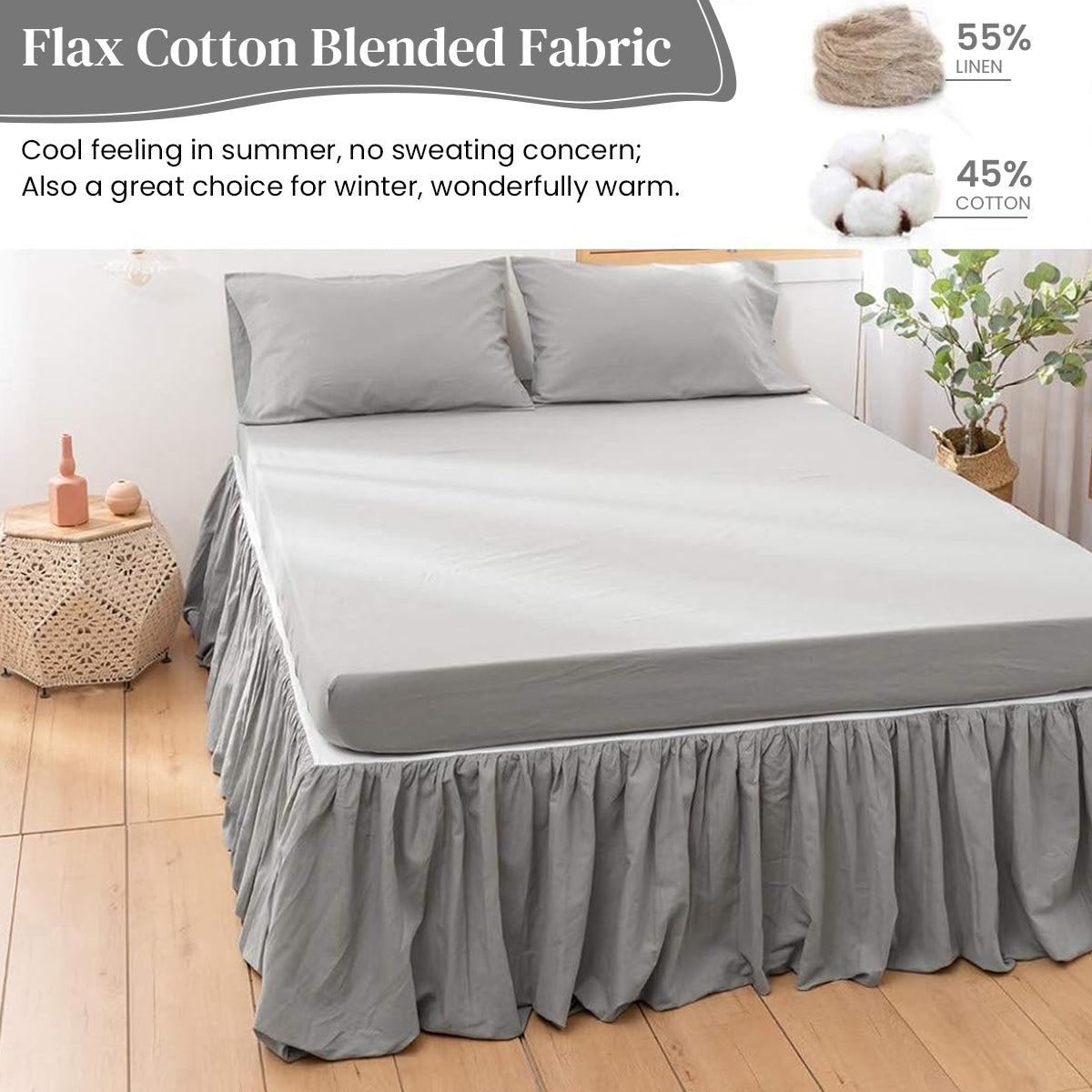 HASTHIP Pleated Bed Skirt for Double Bed 15 inches Grey Double Bed Skirt Minimalism Dust Skirt for Bedroom Ruffled Bed Skirt for 75x39 inches Double Bed