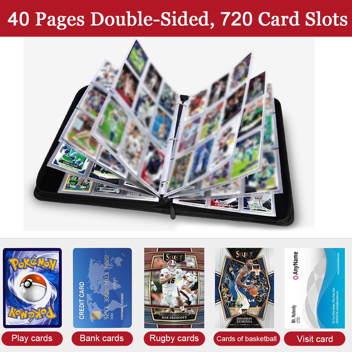 PATPAT 720 Pockets Soccer Card Binder Autographed Cards Storage Bag Fashion Waterproof Printed PU Cover Zipper Card Organzier Holder Multi Purpose Card Organizer Bag for Collectible Cards