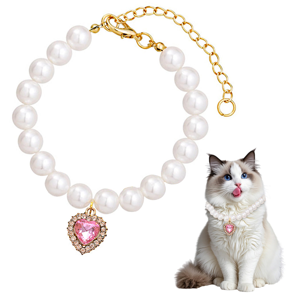 Qpets Cat Collar Jewelry Necklace Pink Rhinestone Heart Charm Pearl Necklace Adjustable Cat Puppy Charm Necklace Dressing Up Jewellry Photography Prop, 11.81+1.97 inches