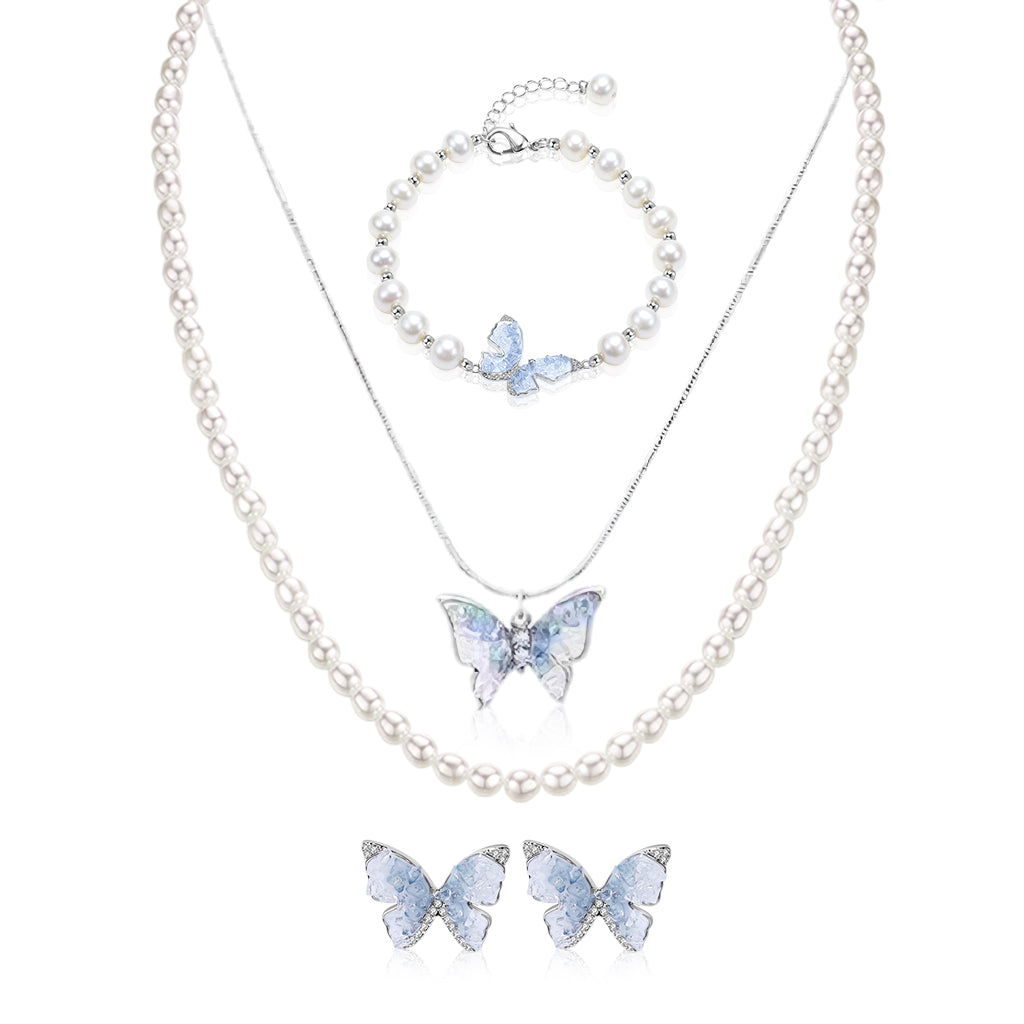 SANNIDHI Women Necklace Bracelet Jewellery Set Chic Butterfly Pearl Necklace Butterfly Ear Studs Bracelet Butterfly Manifestation Jewellery Set Jewellery Gift Set Christmas Gift for Women