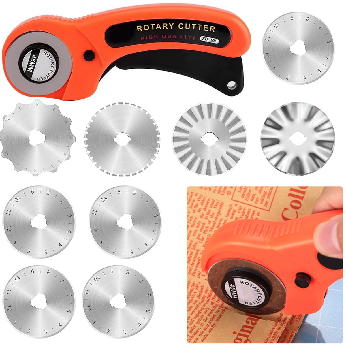 Serplex 45mm Fabric Roller Cutter with 9Pcs High-speed Steel Blades with 4 Types, Safe Lock Design Ergonomic Rotary Fabric Cutter For Sewing, Quilting, DIY Cloth Craft, Leather Craft, Felt Craft