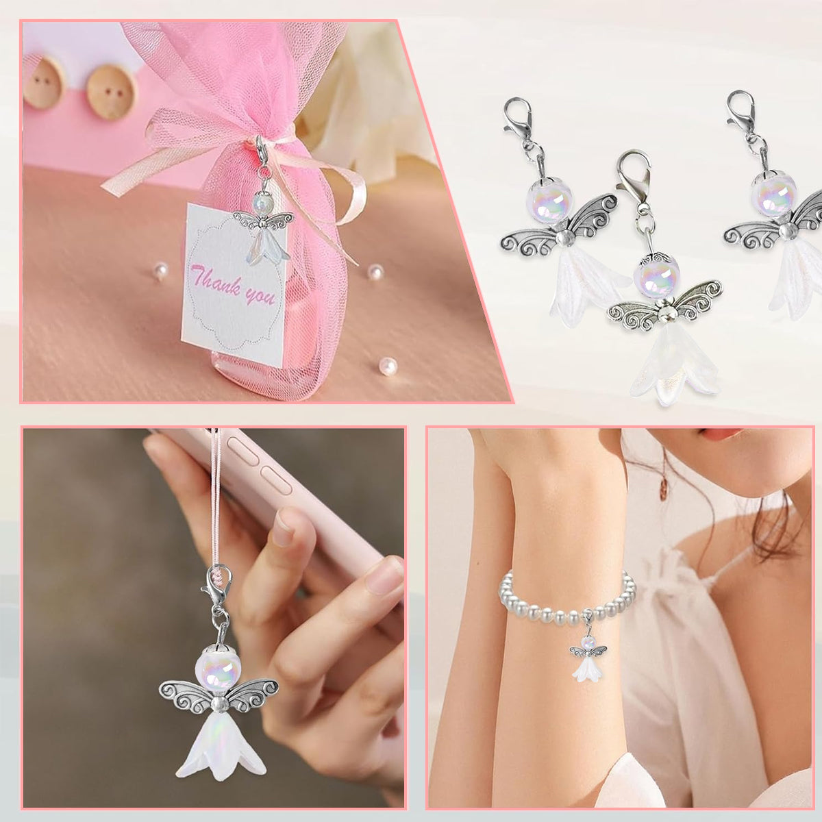 HASTHIP Set of 50Pcs Matched DIY Wings of Angle Charm Kit White Lily Flower Pearl Pearl Wings of Angle Charms Bag Charms Keychain Charms Gift Charms DIY Token Gift Components Accessories