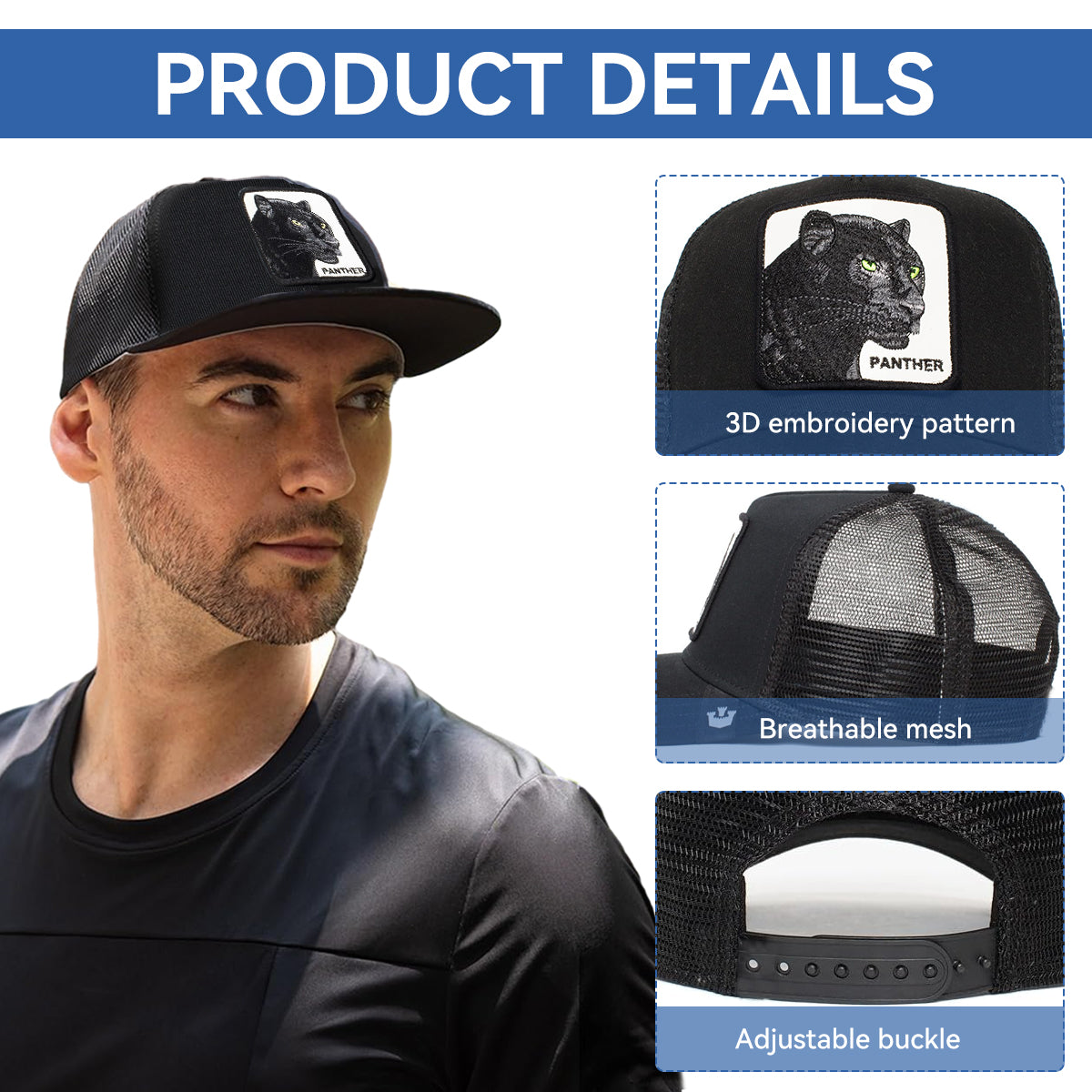 ZIBUYU Men's Cap Baseball Cap Fashion Panther Embroidery Sun Cap Summer Cap Breathable Mesh Casual Hat Adjustable Closure Wide Brim Snapback Hat, Black