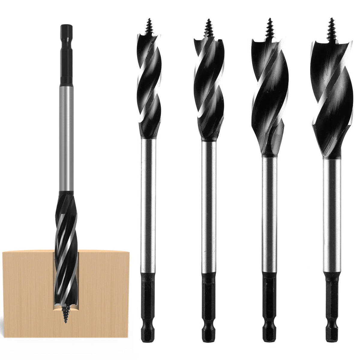 Serplex 4Pcs Hole Opener Screw Bits for Wooden Work 10/12/14/16mm Alloy Steel Twist Drill Bits Four-blade Woodworking Hole Opener Bits Universal Hex Shank Screw Bits for Impact Tool Power Tool