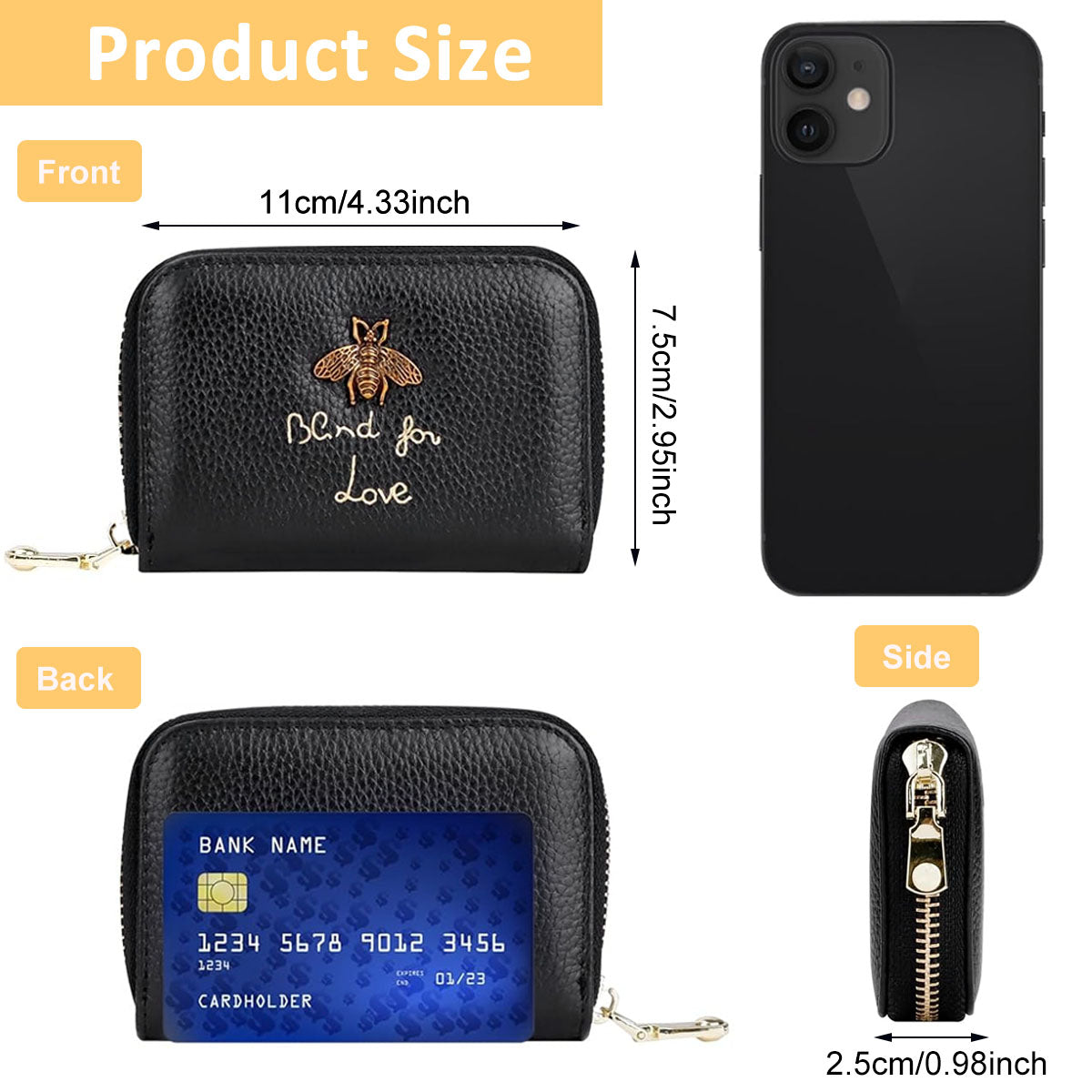 PALAY Women Cards Bag RFID Credit Card Zipper Pouch with 12 Card Slots & 2 Utility Compartment Fashion Little Bee Charm PU Leather Zipper Pouch Card Bag Coin Bag Gift for Women, Black, 10.5x8cm