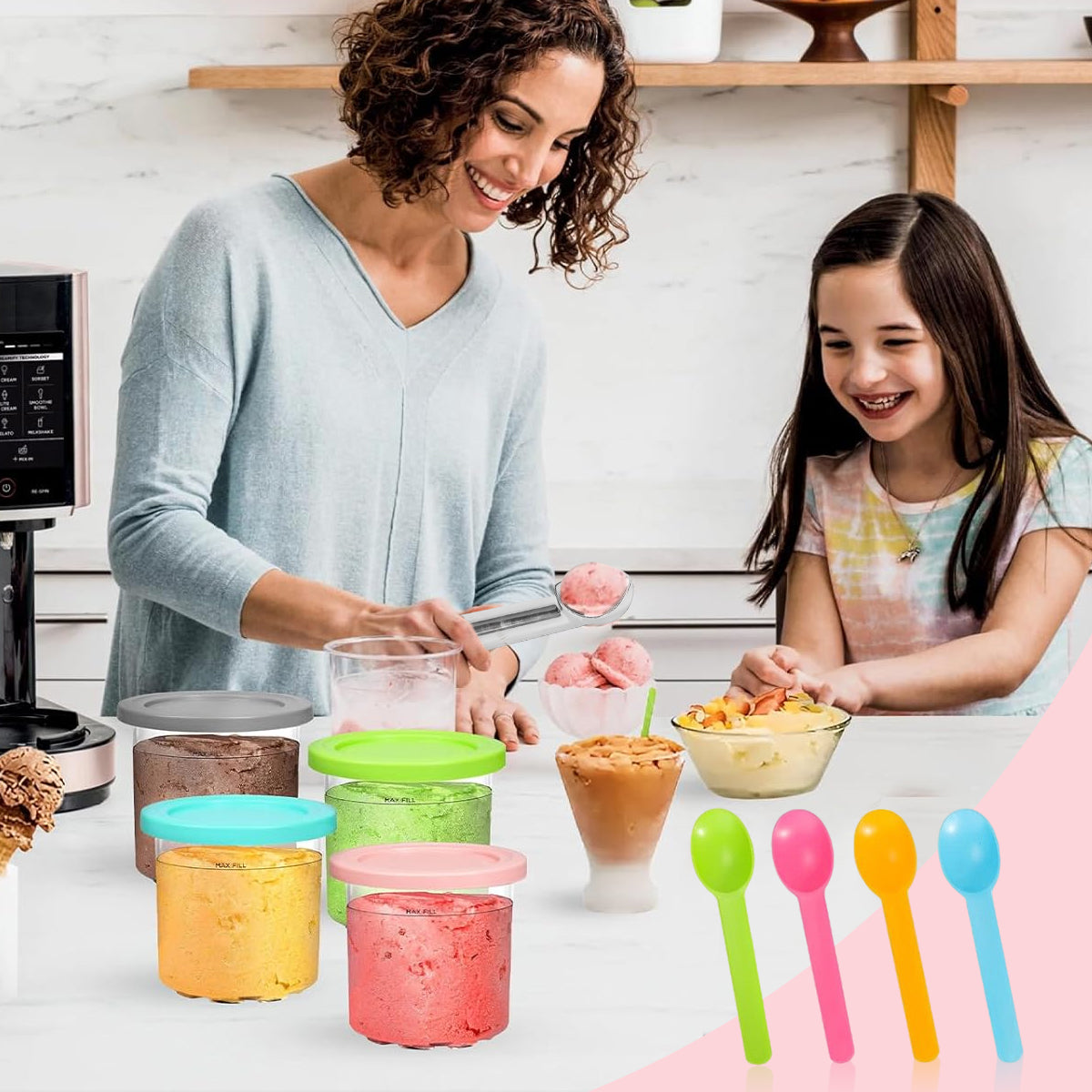 HASTHIP 4Pcs 16Oz Ice Cream Tubs Compatible with Ninja CREAMi Ice Cream Maker NC300, NC299AM Ice Cream Tubs Ice Cream Pints with Lids for Ninja Ice Cream Maker, with 4 Color Spoons & Ice Cream Scoop