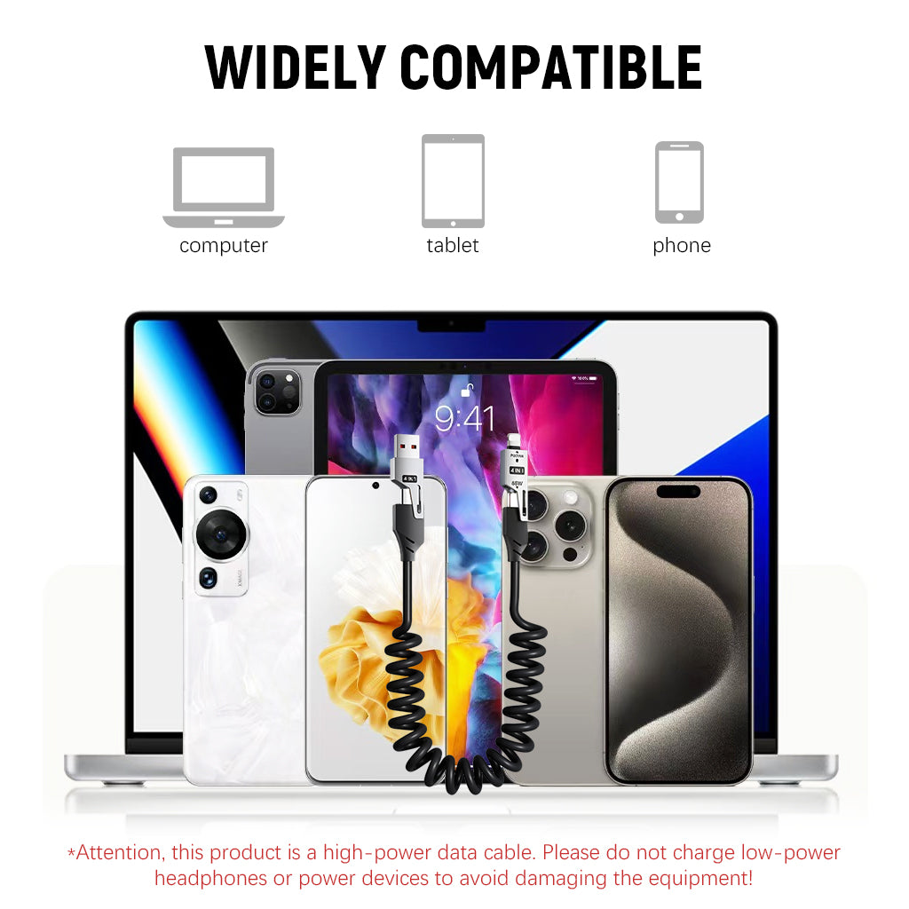 Verilux 4 in1 Type C Cable with Spring, PD65W C Type Cable Fast Charging, 480Mbps Data Transfer USB to Type C Cable, Multi Adjustable Cable with Type C/USB A/Light-ning Port for iPhone 16/15, Black