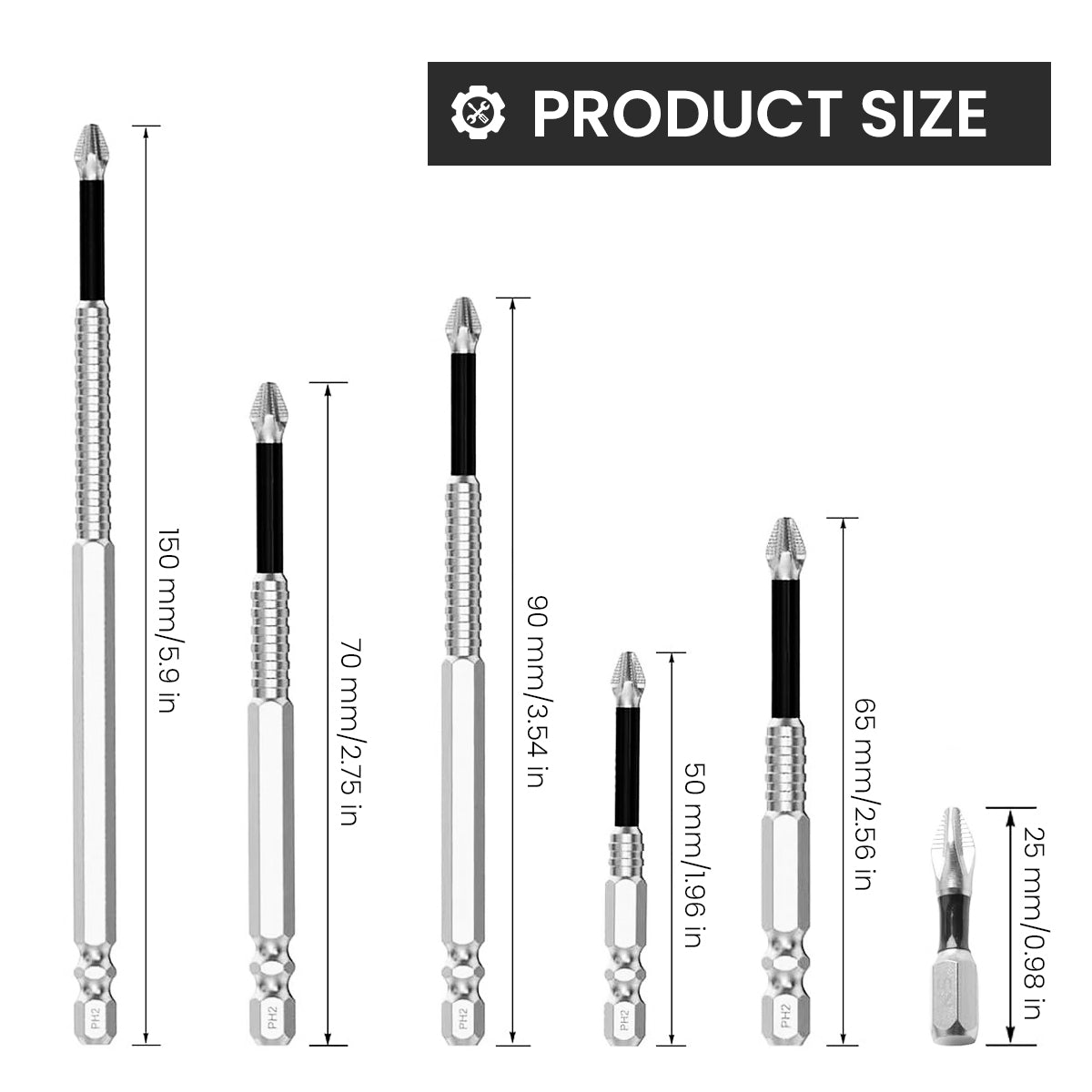 Serplex 6Pcs Screwdriver Bits 25-150mm Various Length Heavy Duty Alloy Steel Magnetic PH2 Head Universal 1/4 Hex Shank Screwdriver Bit for Electric Power Tools, Power Drill, Power Wrench