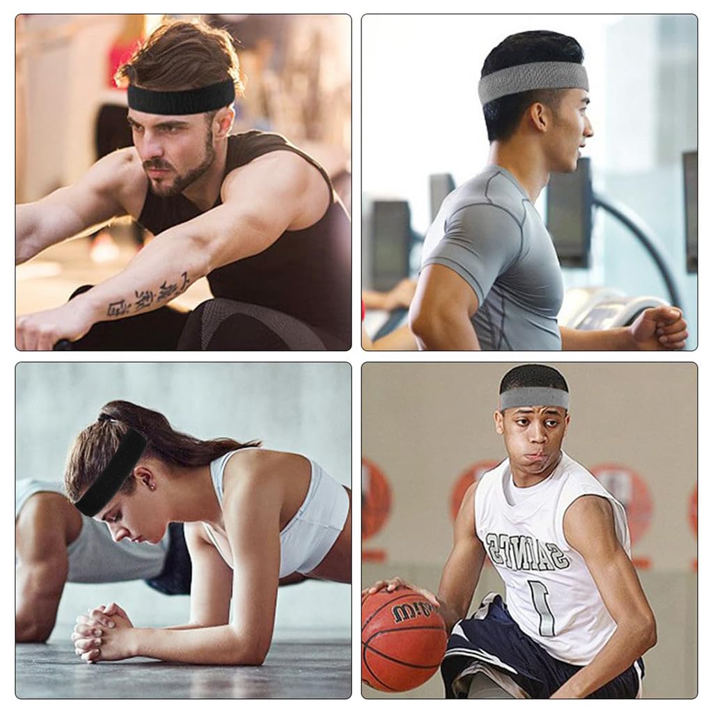 Proberos Sport Headband Wristband Combo Men Women Fashion Sport Headband Wristbands Polyester Spandex Soft Cloth Moisture Wicking Stretchy Wide Sweat Headband for Running, Workout, Yoga(Black &Grey)