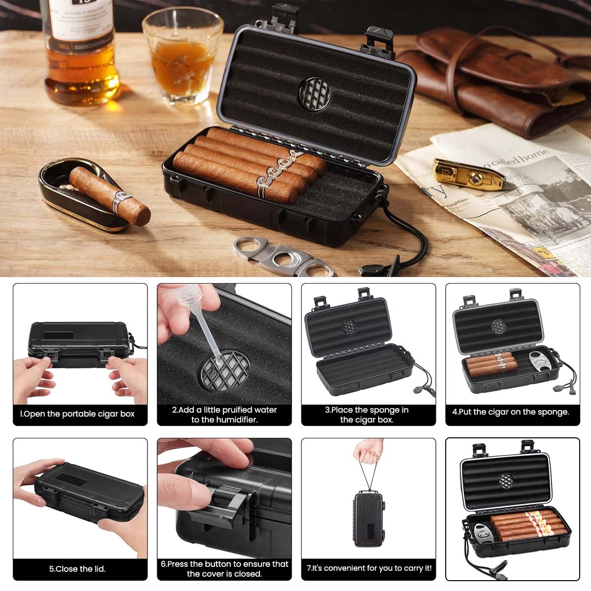 GUSTAVE® Travel Cigar Humidor Case with Cigar Cutter Hard Shell 5 Cigar Capacity Storage Case with Humidifier Disc EVA Protective Foam Liner Design Portable Cigar Box with Lanyard, 23x13x5cm