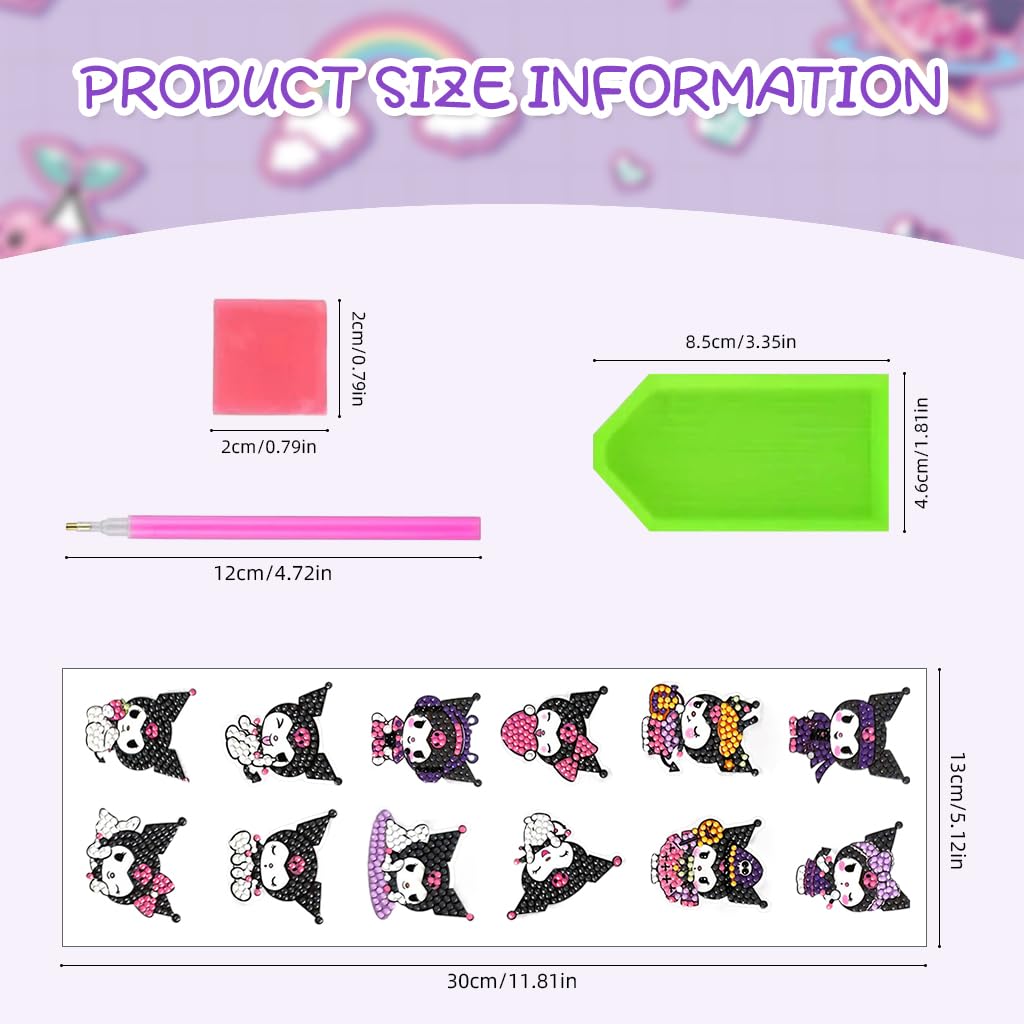 PATPAT DIY Diamond Painting Art Kit Kuromi Diamond Stickers DIY Material Kit with Tools 12Pcs DIY Diamond Painting Cartoon Kuromi Kawaii Stickers for DIY Crafts, Scrapbooking