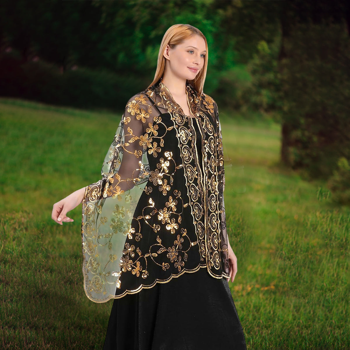 SANNIDHI Shawl for Women, Embroidery Wraps for Evening Dresses, Floral Sequin Formal Shawl Wrap, Luxurious Sheer Long Lace Shawl for Ladies Wedding, Party (190x60cm)