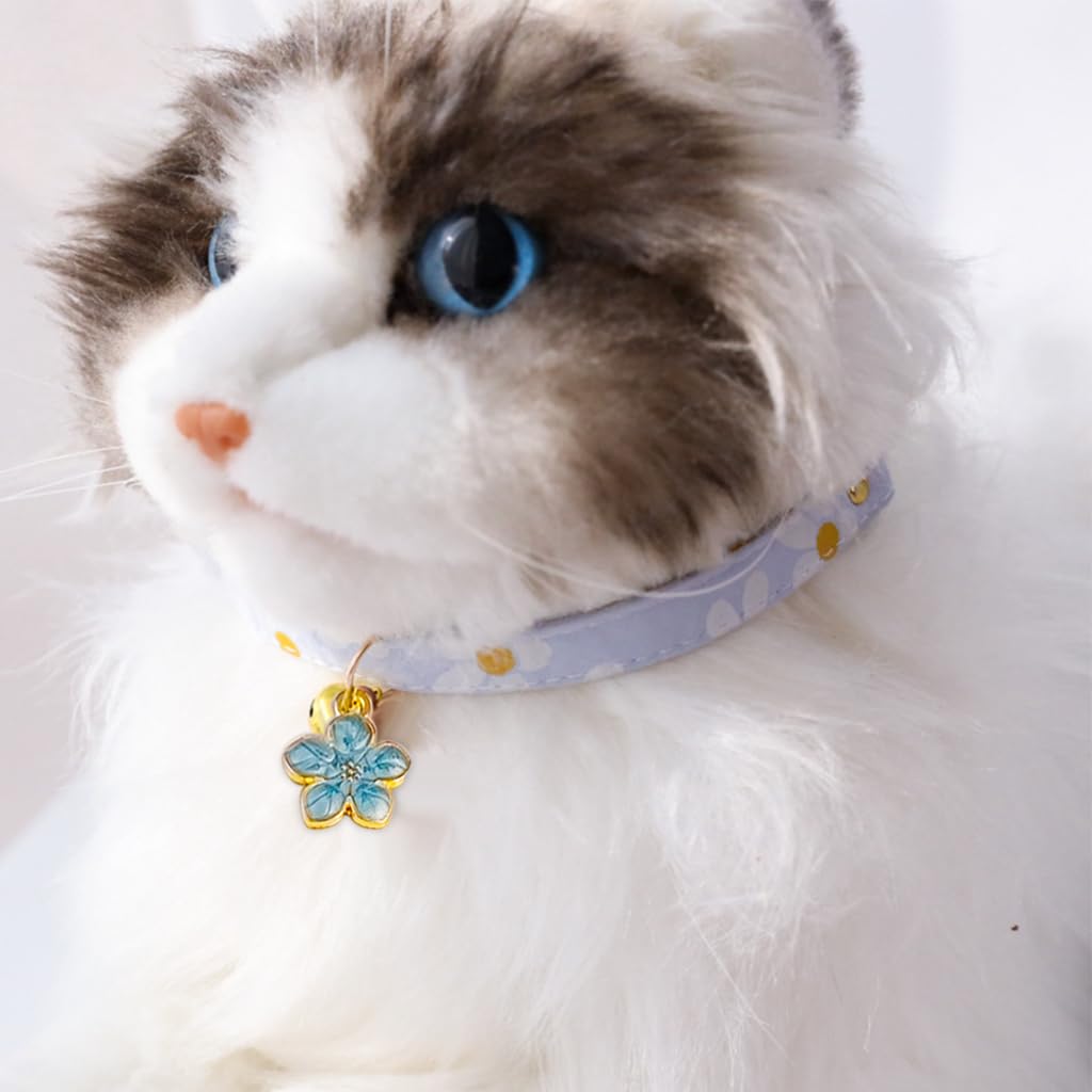 Qpets Cat Collar with Bell Cotton Cat Collar with Sakura Flower Charm Quick Release Buckle Design 18-32cm Adjustable Cat Collat Cute Purple Floral Print Cat Collar