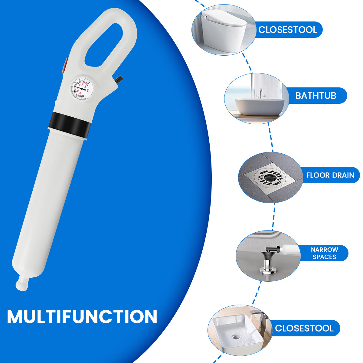 HASTHIP Toilet Plunger Safe Pressurized Air Drain Plunger Tool with Air Pump Trigger Design Manual Pneumatic Clog Cleaner Tool with Interchangeable Attachment Heads, for Kitchen Sink, Toilet