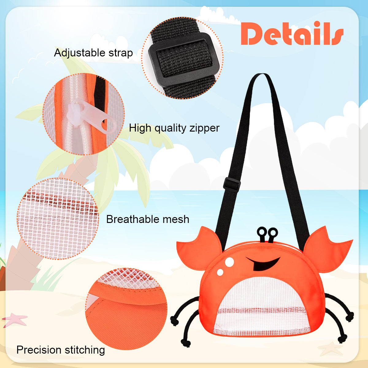 PATPAT Cartoon Beach Bag for Kids Fun Orange Crab Mesh Beach Toy Bag for Kids Zip-up Mesh Bag Shell Collecting Bag Shoulder Bag Gift for Kids, 14x18x10cm