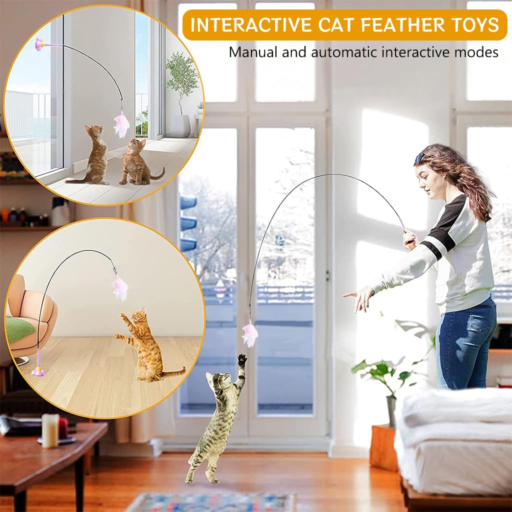 Qpets Cat Toy Cat Teaser Wand with Suction Cup Cute Flower Suction Base Floor Self-entertainment Cat Teaser Toy with Color Feather Charm Cat Toy Interactive Cat Toy Wand Kitten Toys for Indoor Cats