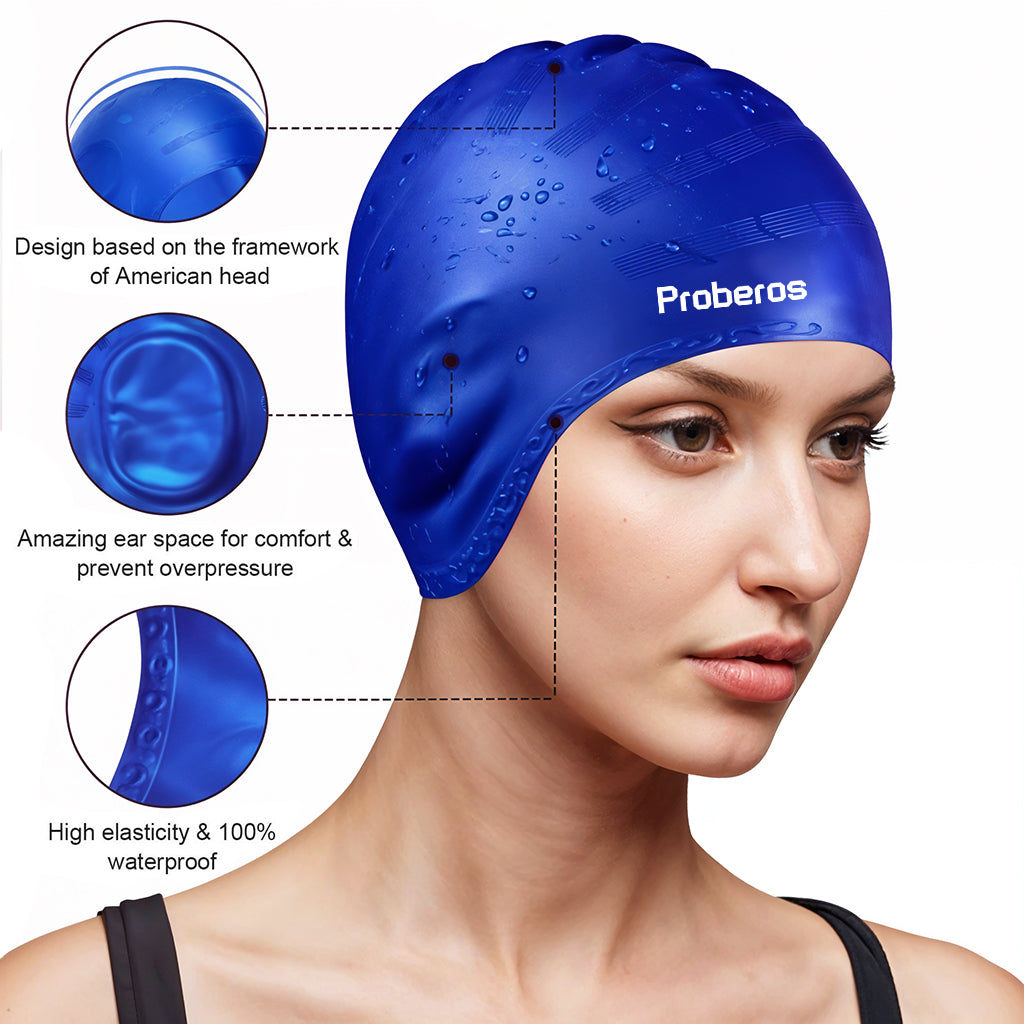 Proberos Silicone Swim Cap, Classic Silicone Swimming Cap for Adults, Swimming Cap Long Hair, Swimming Pool Cap, Waterproof Silicone Swimming Cap for Adult Woman and Men Fit Blue
