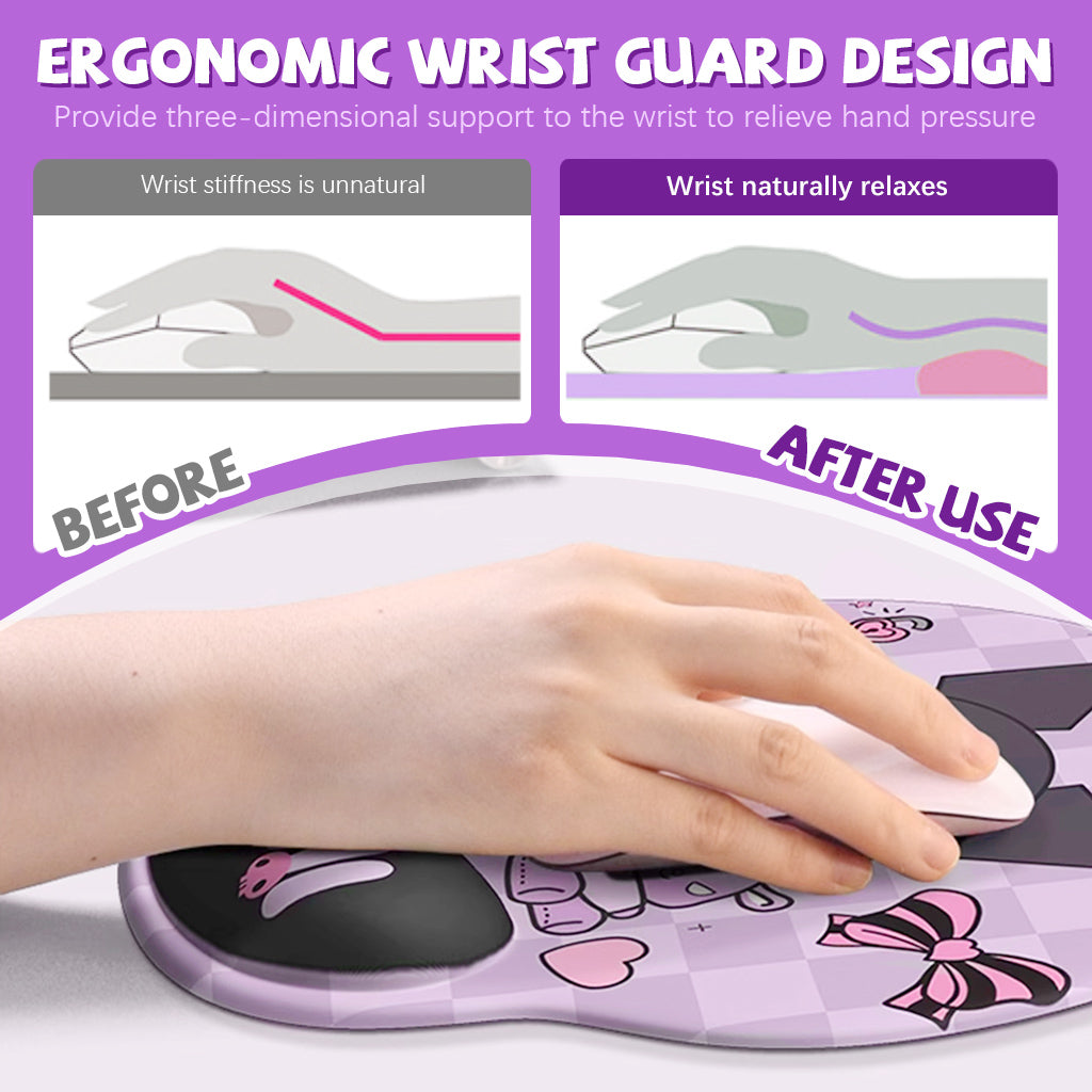ZORBES Mouse Pad, Ergonomic Mouse Pad with Comfortable Gel Wrist Rest Support and Lycra Cloth, Cute Cartoon Kuromi Print Office Non-Slip PU Base for Easy Typing Pain Relief, Durable&Washable, 22x24cm