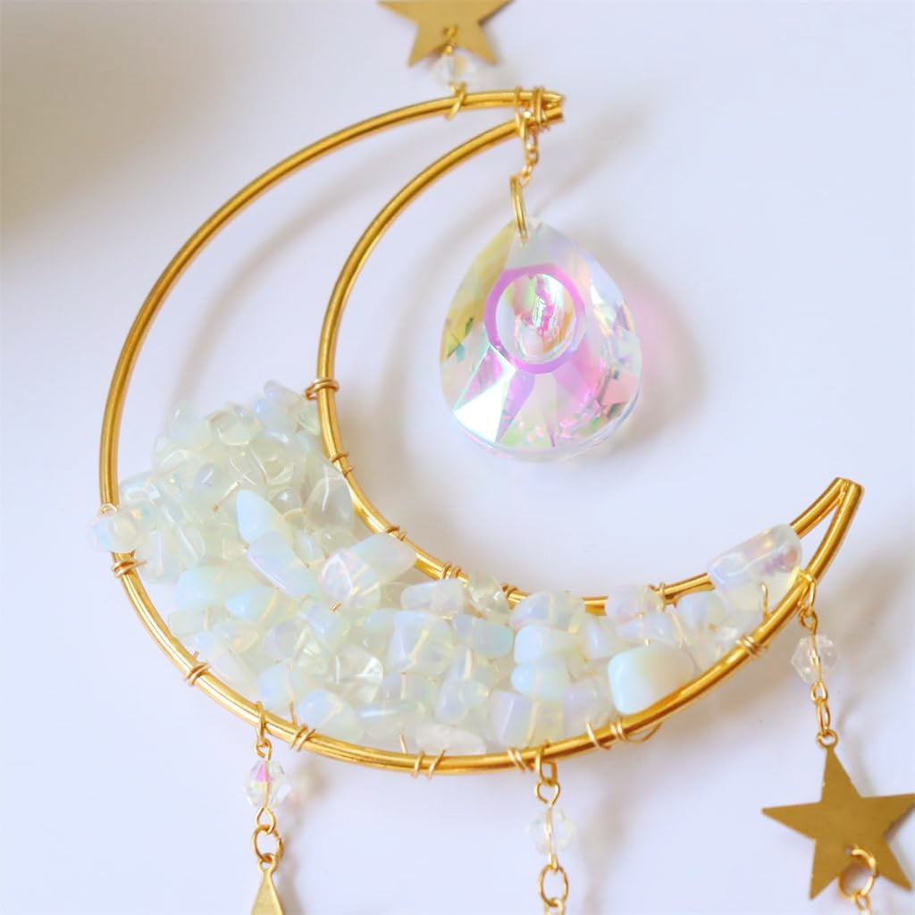HASTHIP Sparkling Opal Moon Charm for Home Decor 16.5 inches Decorative White Opal Acrylic Crescent Hanging Charm Auspicious Home Gift Wall Hangings Car Charm