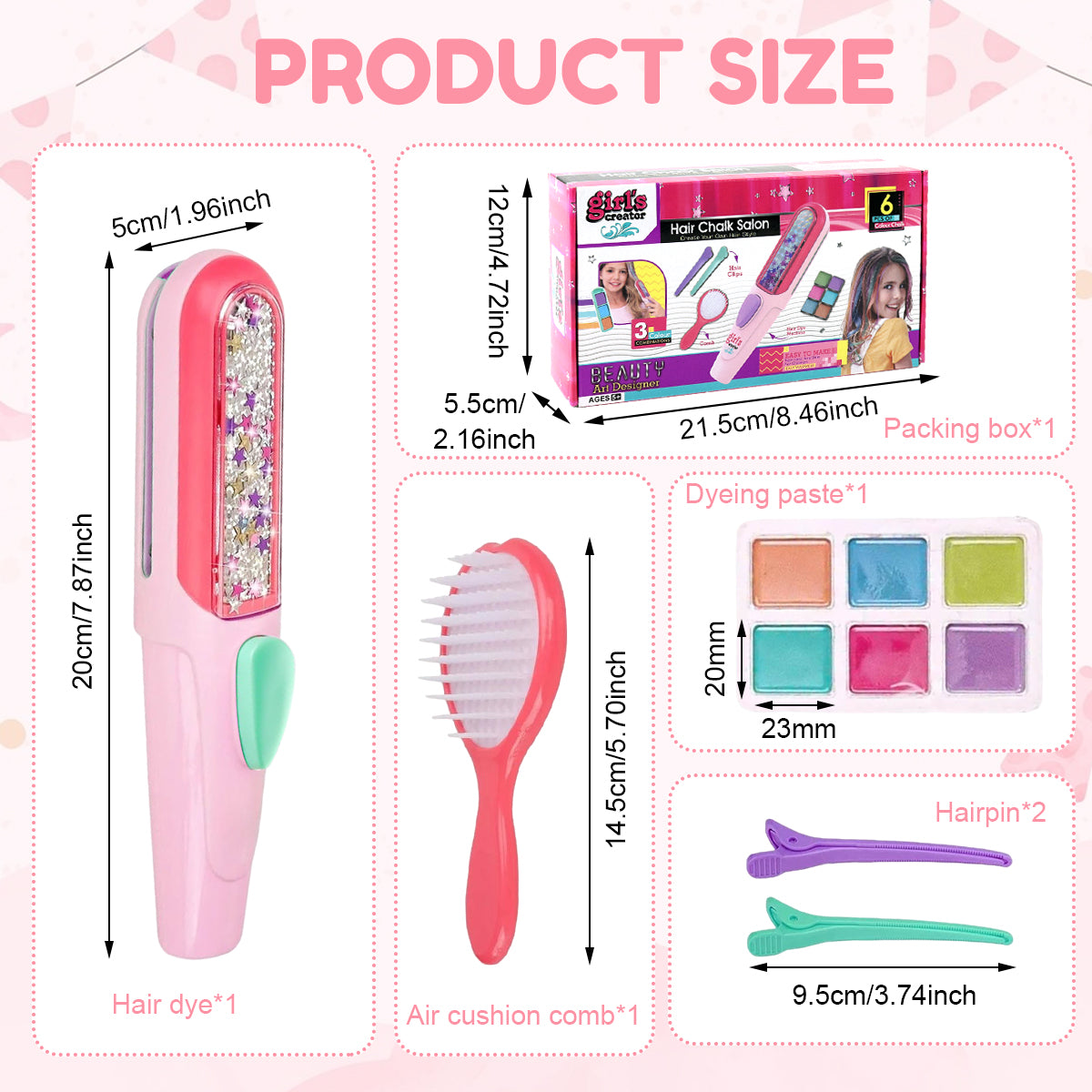 PATPAT Girls Hair Styling Tools Kit Glittering Multi Color DIY Hair Dye Chalk Set with Applicator, Easy and Fun Stylish Girls Hair Styling Tools Gift Set for 4-12 Years Old