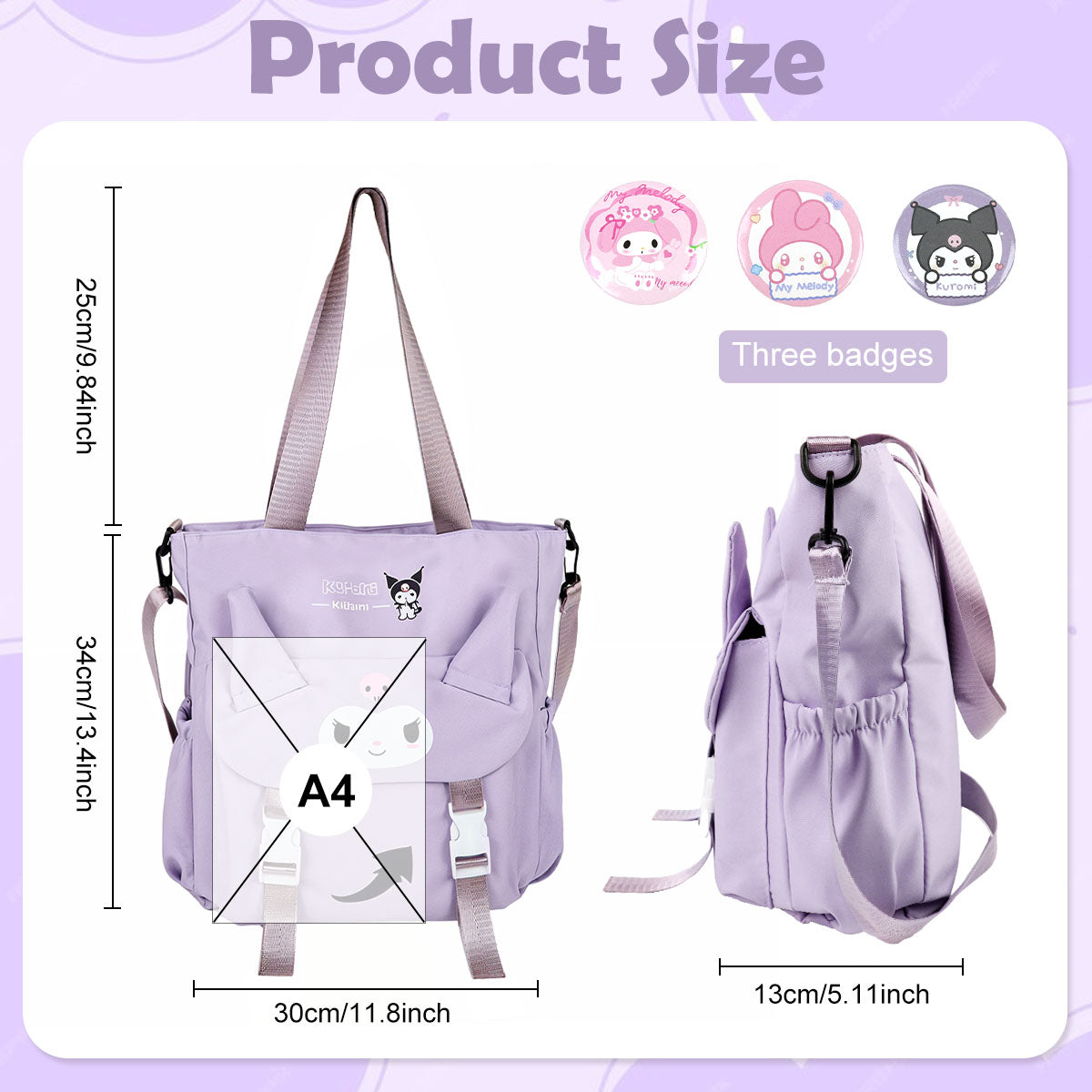 Climberty Kawaii Tote Bag for Girls Kuromi Nylon Shoulder Bag School Girls Book Bag Casual Hand Bag with Removable Shoulder Strap Travel Shoulder Bag Birthday Gift Christmas Gift for Kids, 30x32x9cm