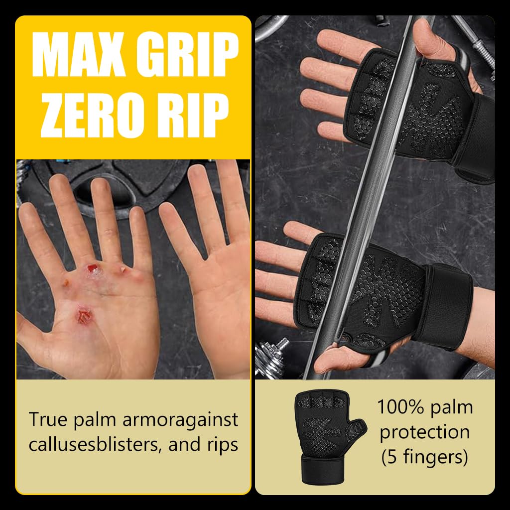 Proberos Fitness Gloves, Gym Gloves with Wrist Support Accessories, Anti Slip Palm Design Summer Breathable Fingerless Gym Gloves for Battling Ropes, Weight Lifting, L