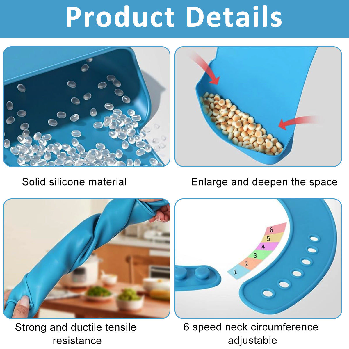 HANNEA Silicone Adult Bibs Large Reusable Bib with Catch-All Pocket Adjustable Size Waterproof Dining Bibs for Elders, Patient, Easy To Clean (Blue)
