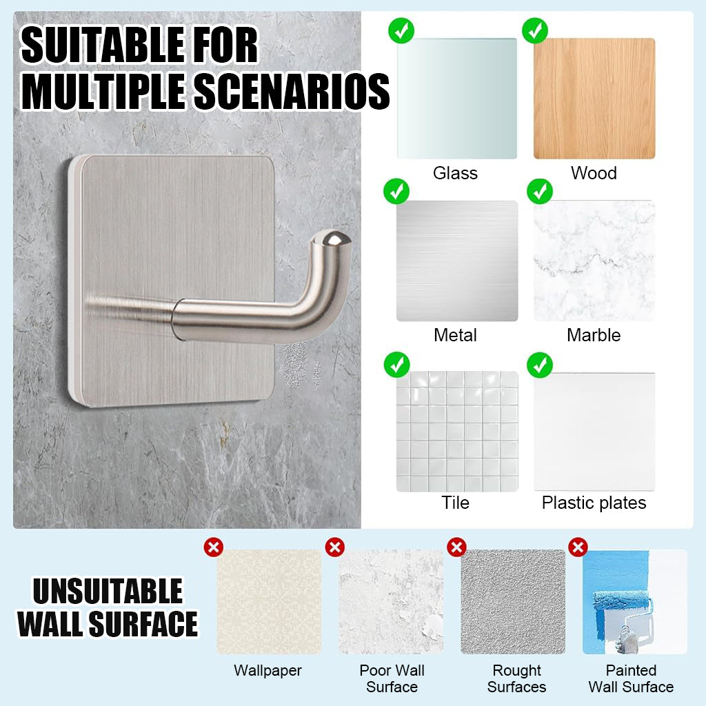 HASTHIP Self Adhesive Wall Hooks Pack of 8, Heavy Duty 6.6lbs Stainless Steel Hooks, Rust-Proof Multipurpose Hooks for Bathroom, Kitchen, Bedroom & Office, Easy Installation, No Drilling Required