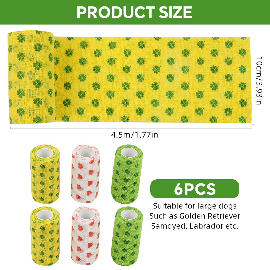 Qpets 6 Rolls Pet Crepe Bandage Bitter Flavored Anti-lick Bandages Non-woven Stretchy Injury Recovery Bandage Cartoon Print Self Adhesive Bandage Wrap, 2.95 inches Wide x 14.76 ft Long