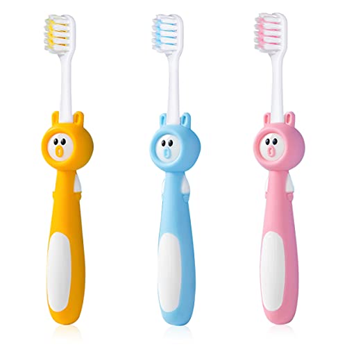 HANNEA 3pcs kids toothbrush, Kids Manual Toothbrush with TPR Tongue Scraping Soft Bristle Cartoon Toothbrush for 2+ Years Boys and Girls, Toothbrush for Kids Oral Care