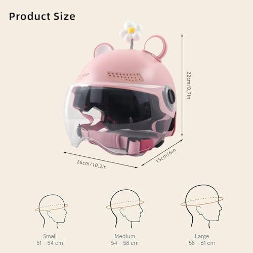 STHIRA Scooter Helmet Cute Helmet for Women Motorcycle Helmet Open Face Helmet with Movable Clear Goggle & Adjustable Chin Strap, Safety Buffer Helmet for Scooter, Motorcycle, Bike(Pink, M Size)